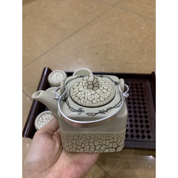 Bộ ấm chén men rạn kèm khay gốm sứ Bát Tràng , nhận in logo trên ấm chén