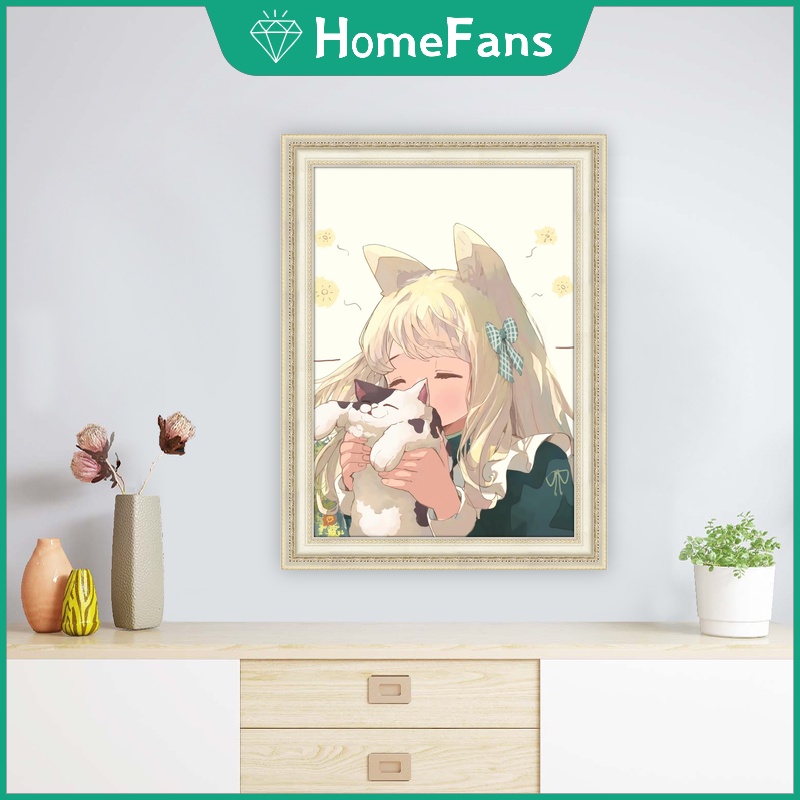 Bộ Tranh Đính Đá 5D Tự Làm 30x40cm / 40x50cm Hình Cô Gái Và Mèo Đáng Yêu