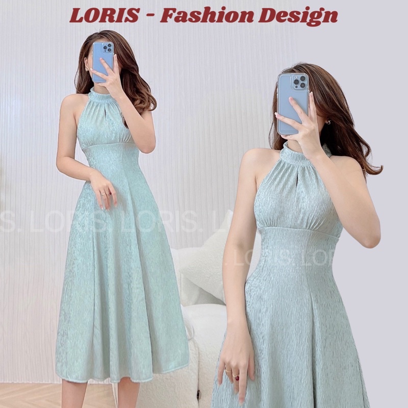 Đầm đi tiệc cổ yếm nhún ngực chiết eo màu xanh, đầm thiết kế LORIS