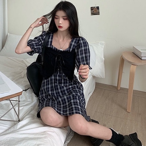 Đầm Ngắn Giả Hai Mảnh Tay Phồng Họa Tiết Kẻ Sọc Caro Phong Cách Cổ Điển Thời Trang Mùa Hè Hàng Mới Dành Cho Bạn Nữ