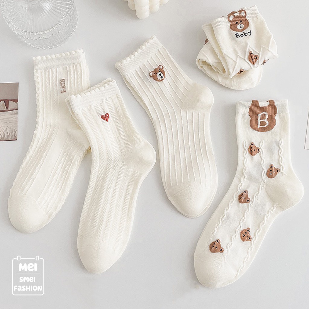 Tất Vớ Cổ Cao Nữ Jengiang họa tiết hình gấu chất liệu vải ren co giãn thời trang Hàn Quốc DO18