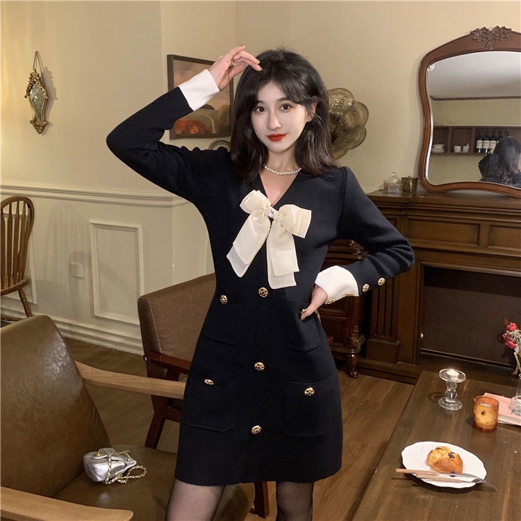 Đầm Dệt Kim Cao Cấp Cổ Chữ v Thắt Nơ Eo Màu Đen Thời Trang Mùa Thu Dành Cho Nữ