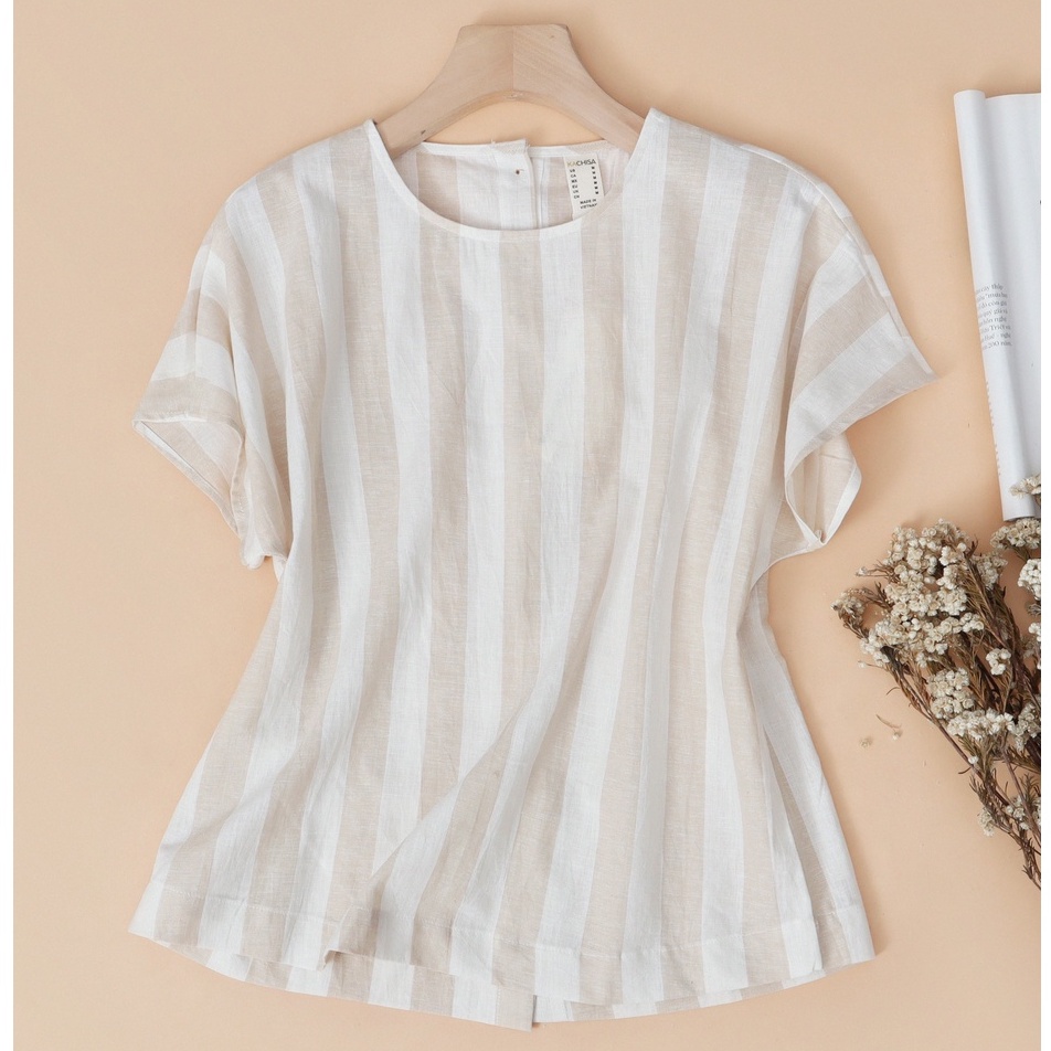Áo cánh dơi Linen sọc trắng kem KACHISA 642
