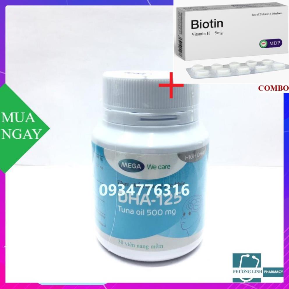 Combo Biotin 5mg+ TPBVSK Mega we care DHA-125 (Chai 30 viên)