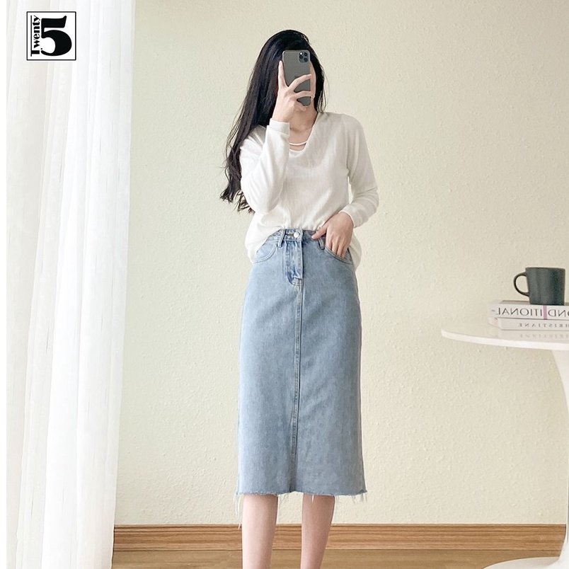 Chân váy jeans midi dáng dài gấu cắt tua rua xẻ sau phong cách Hàn Quốc Twentyfive 4109