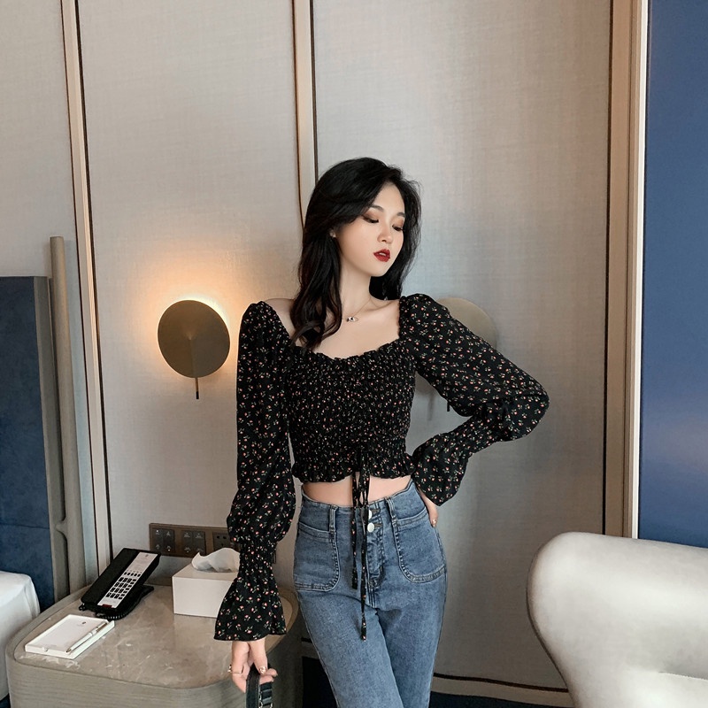 IELGY Áo Sơ Mi chiffon Cổ Vuông Viền Gỗ Dài Tay Phong Cách vintage Cho Nữ