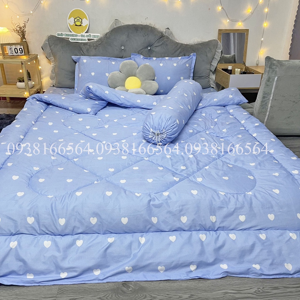 TRỌN BỘ COTTON POLY 5 MÓN CHĂN PHAO DÀY DẶN HÀNG VN TIM TRẮNG XANH - ĐỦ KÍCH THƯỚC
