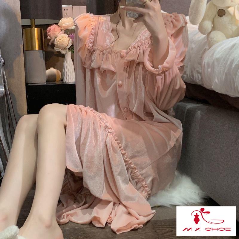 Đầm Ngủ Nhung Tay Dài Phong Cách Retro Tòa Án Vàng Cao Cấp Mặc Ở Nhà Cho