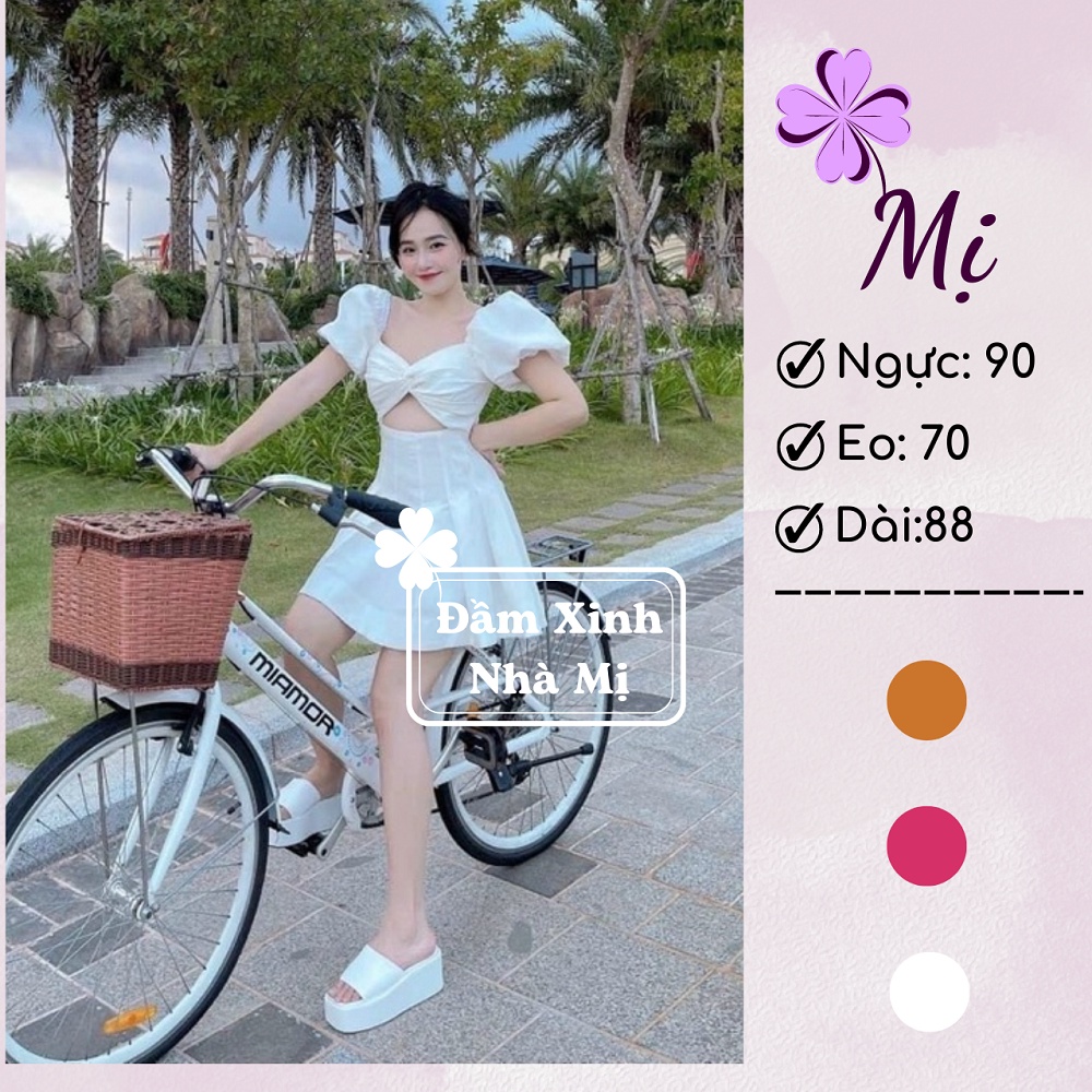 Đầm Dạo Phố Dáng Ngắn Xếp Li Hở Bụng Siêu Quyến Rũ, Đầm Nữ Thiết Kế Ngực Xoắn Tay Ngắn Cực Xinh Màu Trắng Màu Hồng Màu V