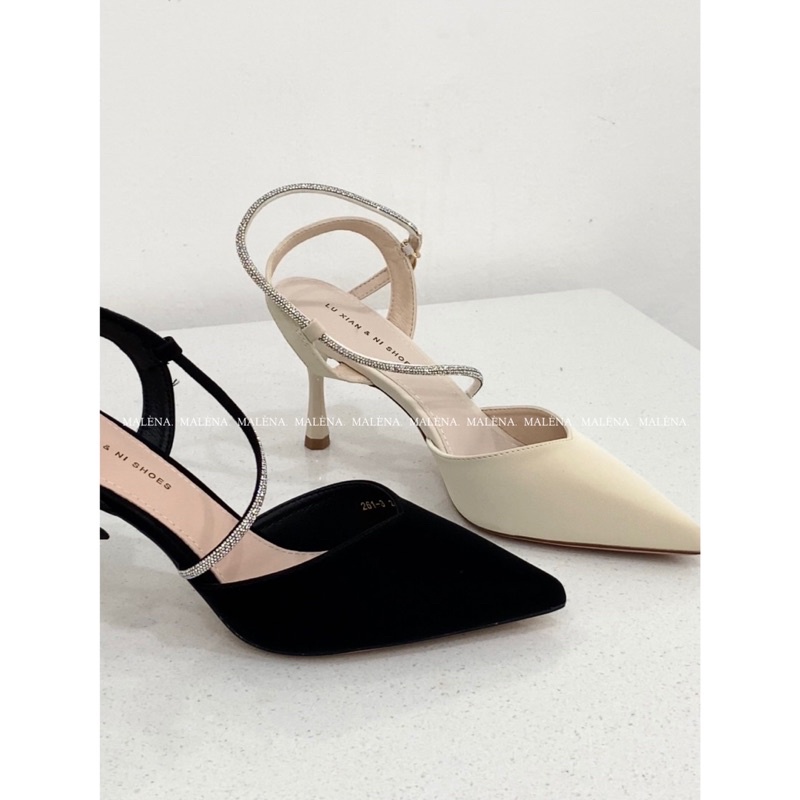 ✨FORM LỚN LÙI 1 SIZE✨Cao gót Malena dây quai đá chéo lấp lánh da nhung mịn gót cao 8cm 261-3