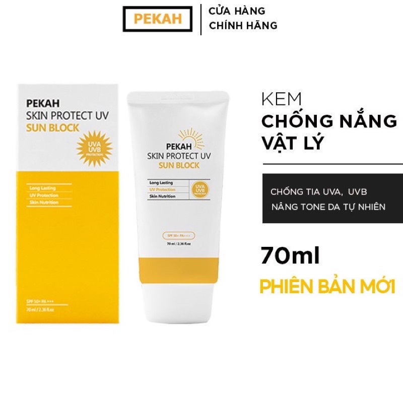 Kem chống nắng vật lý Hàn Quốc Pekah mịn nhẹ thấm nhanh không bết  UV Sun Block SPF 50+ PA+++ 70ml.