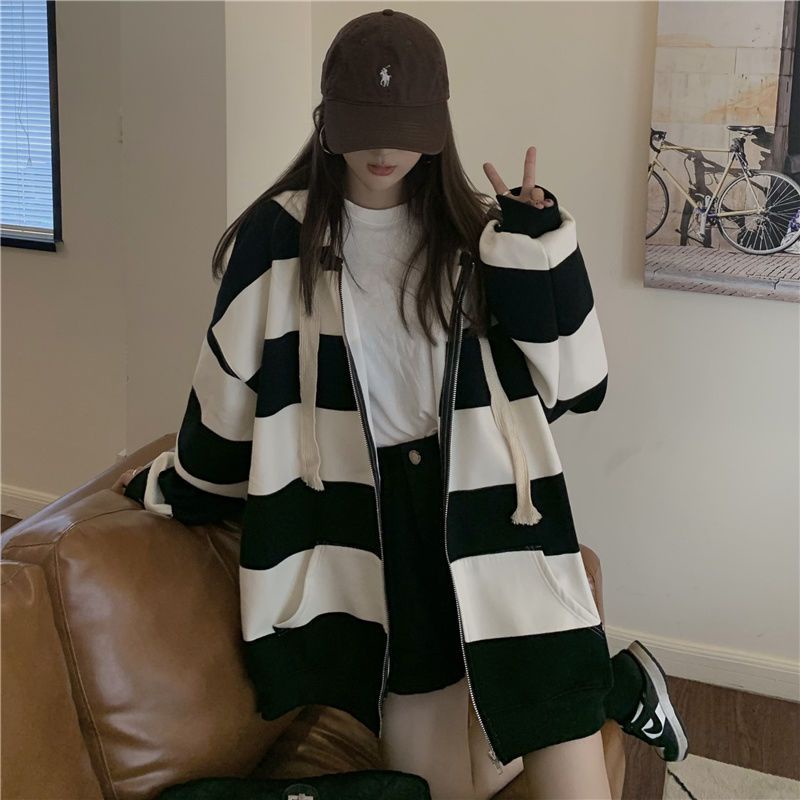 Áo Hoodie Form Rộng Họa Tiết Kẻ Sọc Phong Cách Hàn Quốc