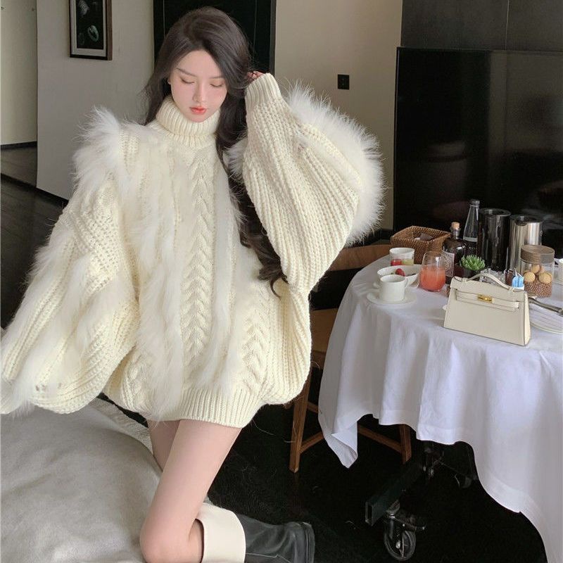 Áo Sweater Cổ Cao Phủ Lông Phong Cách Phương Tây Thời Trang Sang Trọng Cho Nữ