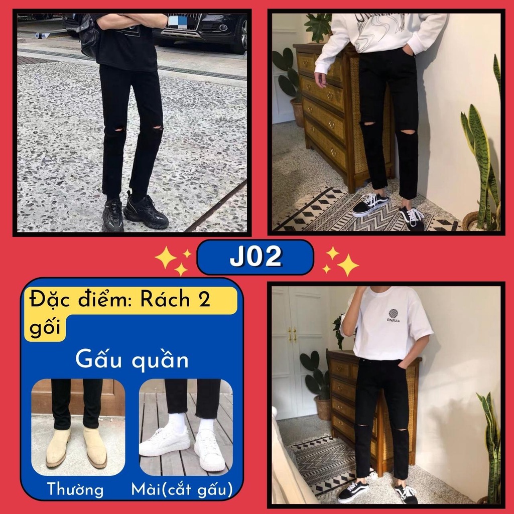 Quần Jean Nam Đen Trơn Và Rách Gối Vải Co Giãn 4 Chiều, Không Phai Màu, Không Xù Dáng Skinny Phong Cách Hàn Quốc