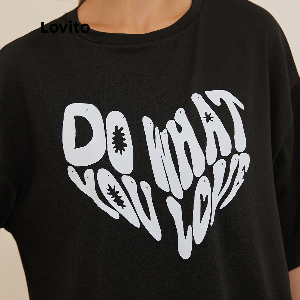 Áo thun Lovito thời trang họa tiết in đồ họa chữ cái giản đơn L19D171 (đen)