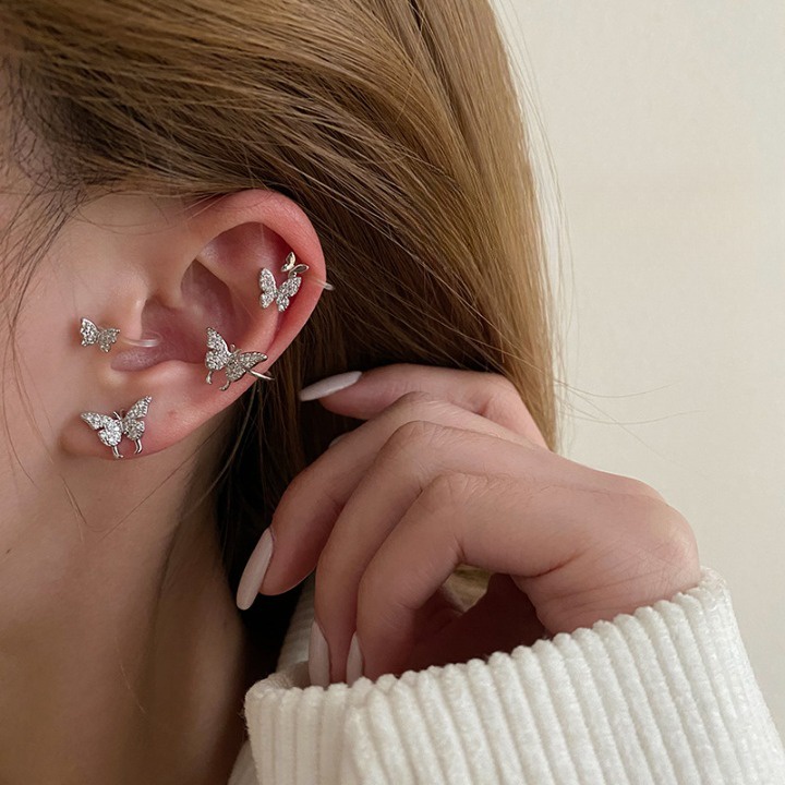 Khuyên tai đeo vành một bên earcuff bướm nhỏ đính đá trắng phong cách Hàn Quốc (tính theo chiếc)
