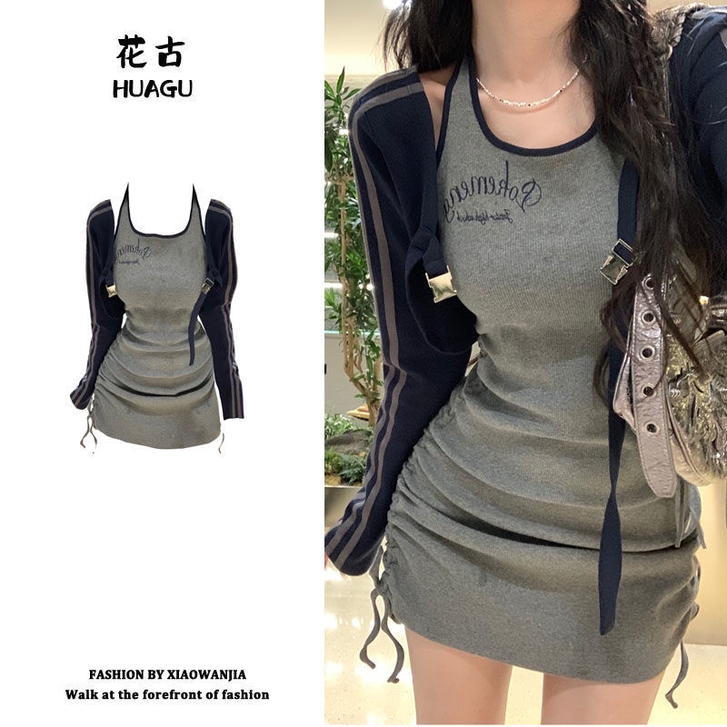 Jiashucheng Đầm Dài Tay Cổ Yếm Họa Tiết Kẻ Sọc Kèm Khăn Choàng Ôm Dáng Thời Trang Cho Nữ