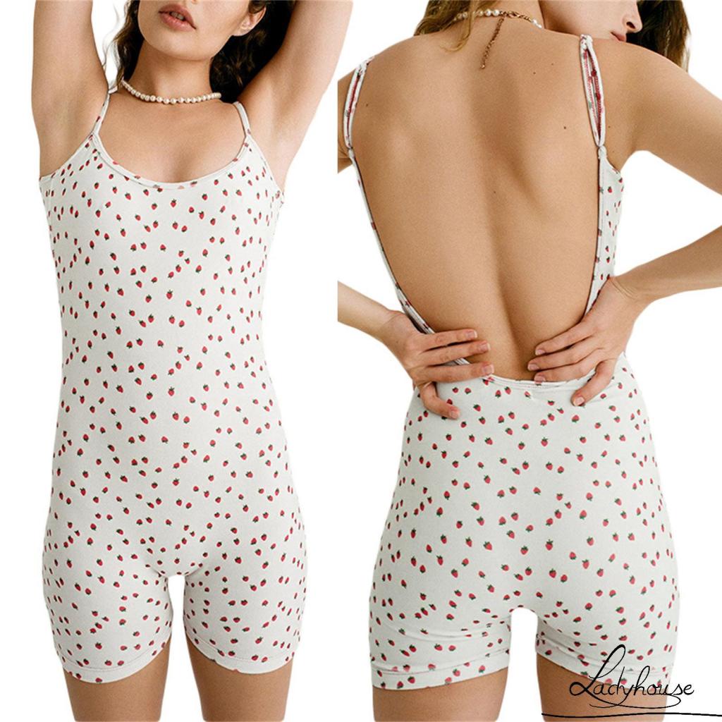 Áo Liền Quần Hai Dây Ngắn Hai Dây In Hình Dâu Tây Thời Trang Mùa Hè Cho Nữ