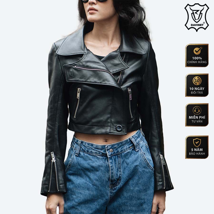 Áo khoác da nữ Croptop DAVINET Af22-04, Da Thật, mềm nhẹ, da cừu mỏng, Độ bền cao Bảo hành 5 năm