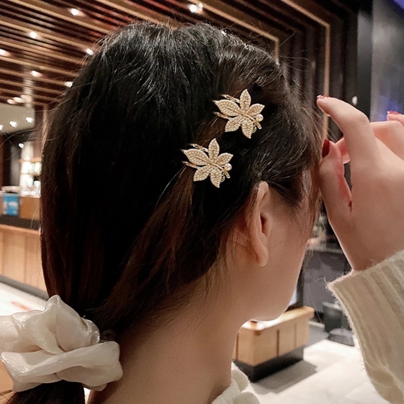 Kẹp Tóc Hợp Kim Hình Lá Phong Đính Đá / Ngọc Trai Sang Trọng Cho Nữ