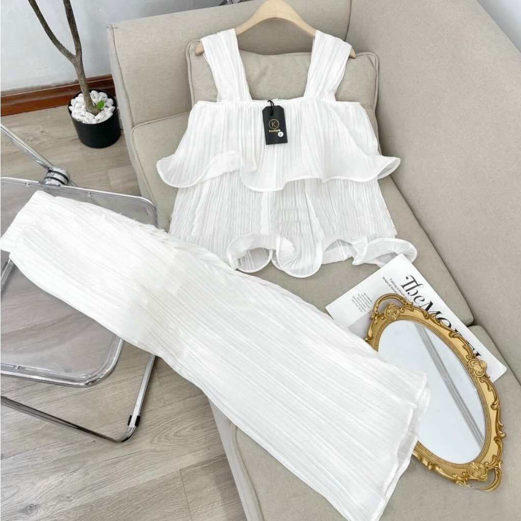 [11.11 Sale Freeship] Set bộ nữ vải lụa áo hai dây cổ vuông dập ly hai tầng kèm quần ống rộng thời trang mùa hè mát mẻ