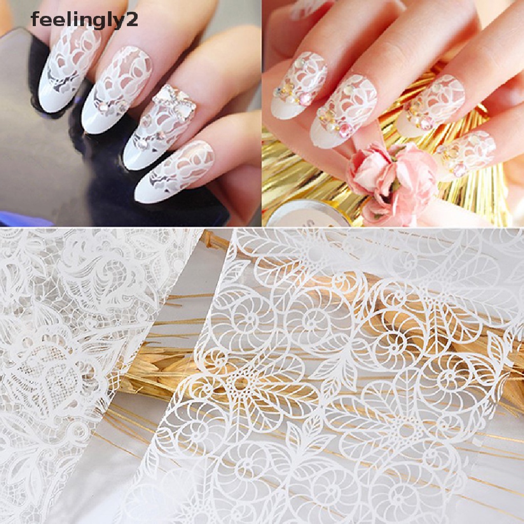 [Hàng Có Sẵn] Bộ 10 Miếng Dán Móng Tay Nghệ Thuật Họa Tiết Ren Hoa Lá Màu Trắng (F)