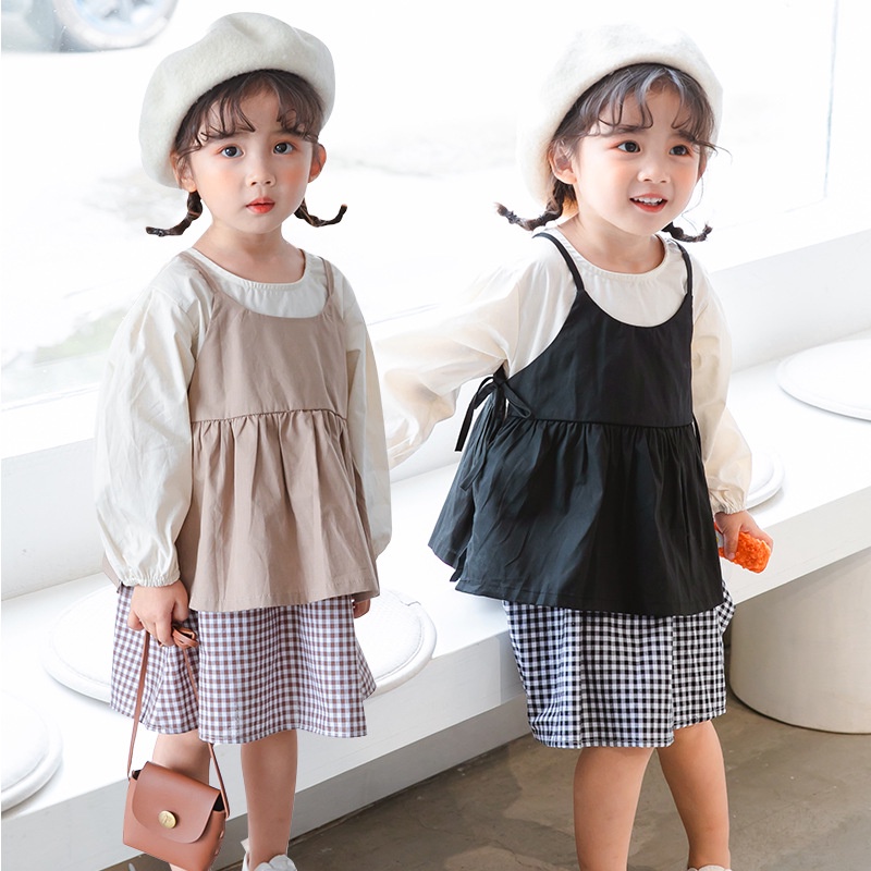 Set yếm vintage cho bé gái họa tiết caro hàng quảng châu cao cấp