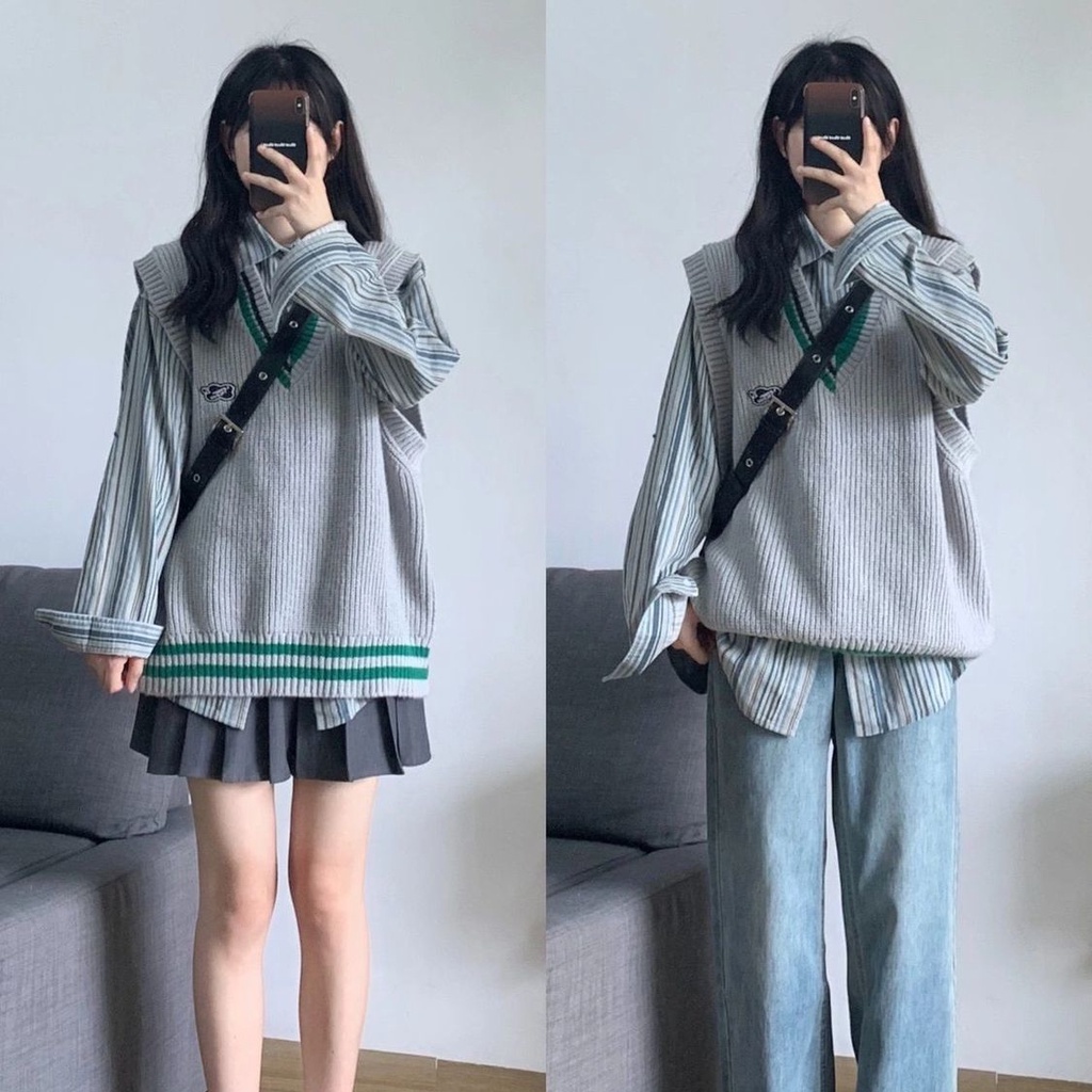 Set Áo Sơ Mi Kẻ Sọc + Áo Khoác Ghi Lê Dệt Kim + Chân Váy Xếp Li Phong Cách Cổ Điển Thanh Lịch Dành