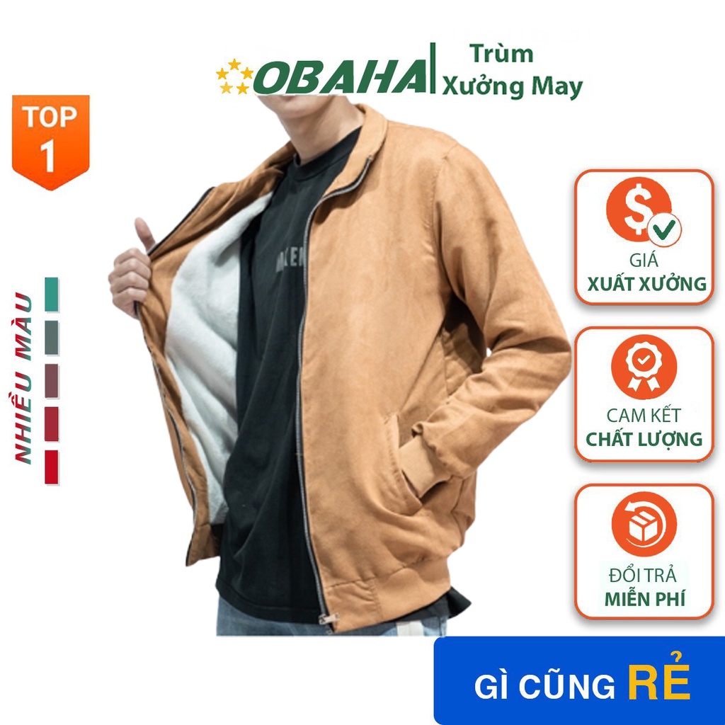 Áo Khoác Da Lộn Nam Lót Lông Cừu Cổ Cao Bomber Đẹp Cao Cấp Hàng Hiệu Mặc Thu Đông Siêu Ấm Áp OBAHA