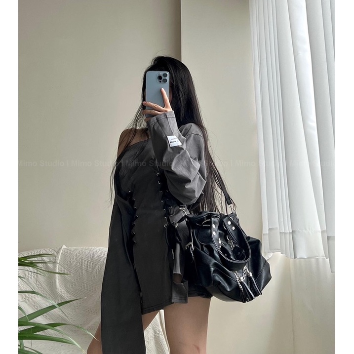 ĐẦM THUN XÁM DÀI TAY CỔ THUYỀN THẮT EO