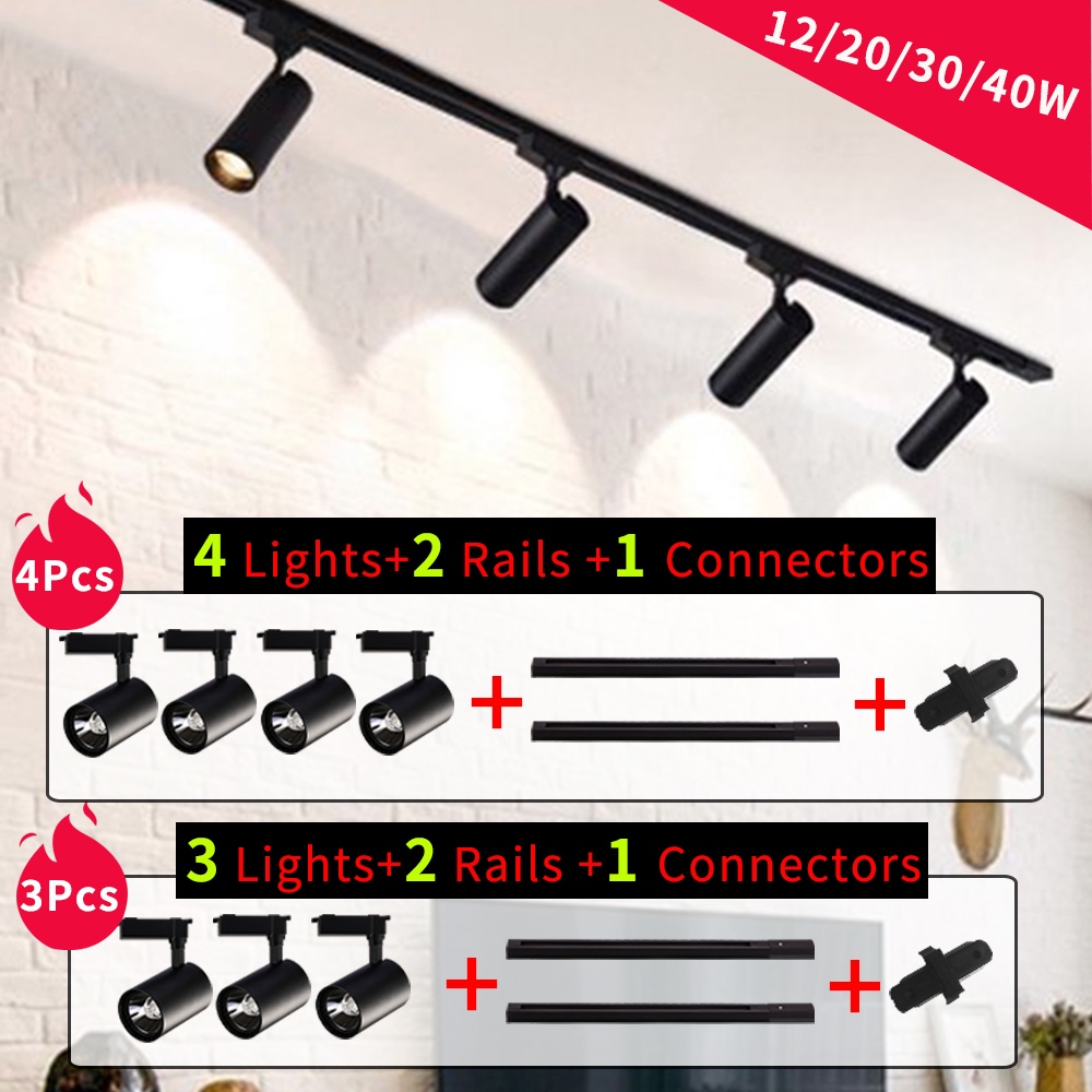 (Combo 4 đèn+ray 1 mét) Đèn Rọi Ray COB 12/20/30/40W Ánh Sáng Trắng Chất Lượng, được sử dụng cho cửa hàng quần áo / sơn / trưng bày / phòng / hội trường / đèn chiếu sáng nhà hàng