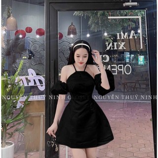 Đầm cổ yếm Trễ Vai thời trang nữ chất umi có mút  ngực y hình.