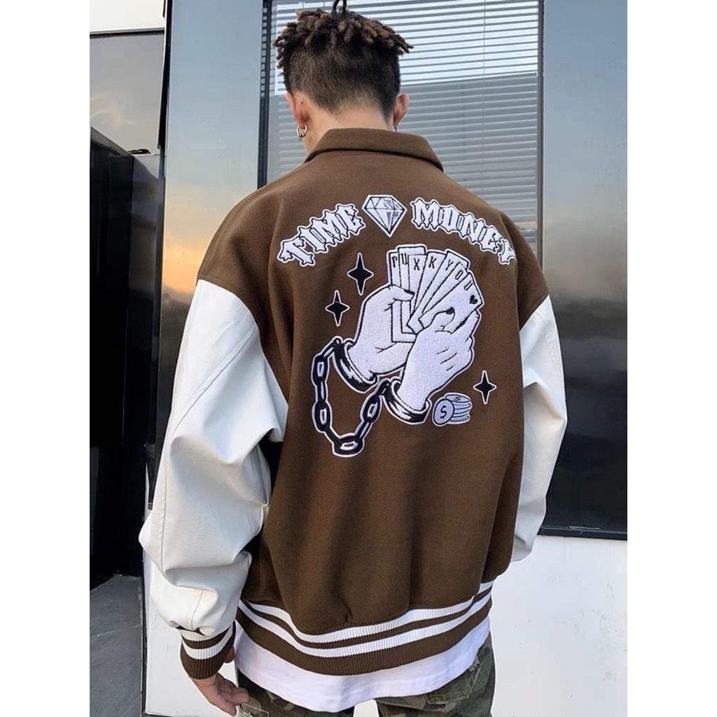 Áo Varsity Jacket Ullzang TIME MONNEY - Áo khoác Cardigan Bomber Unisex phối bo siêu hot - LOUSI.SG