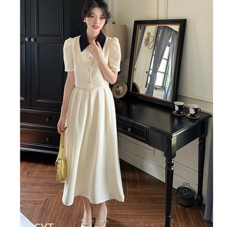 Sét váy tiểu thư, Sét đầm thiết kế dáng xòe phối cổ đen tôn dáng cao cấp