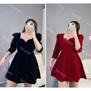 Đầm nhung tay phồng đính ngọc