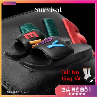 Dép NERDY nam nữ quai ngang Logo thêu nỗi Unisex đế đúc bánh mì cao nhiều màu full tem mác[ FULL BOX] - Màu NERDY ĐEN