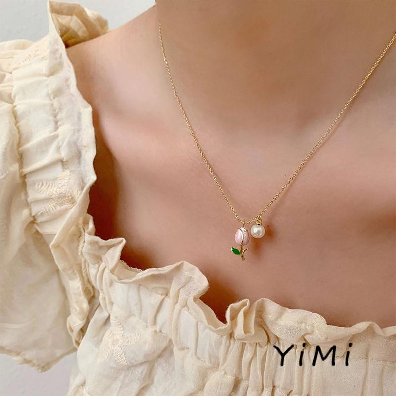 Vòng cổ Mặt Hoa Tulip Đính Ngọc Trai Thời Trang Cho Nữ