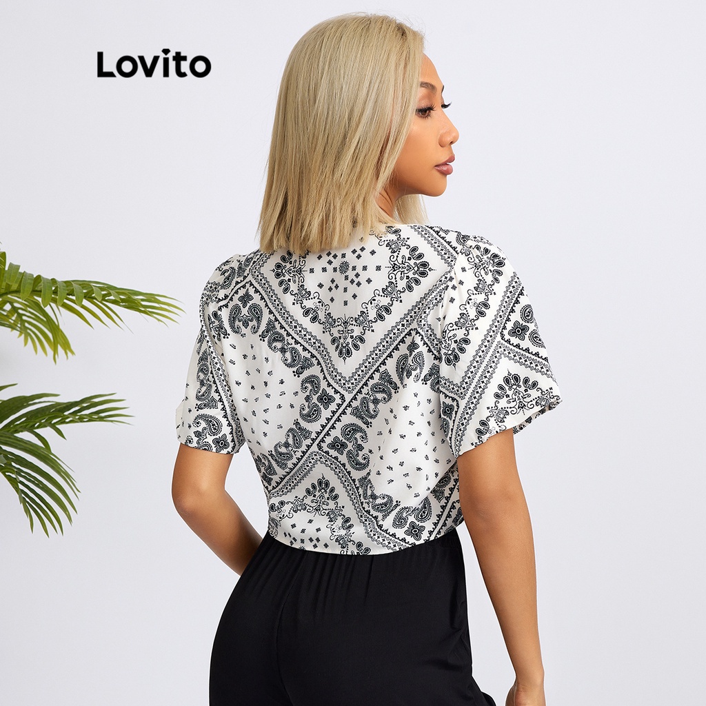 Áo kiểu Lovito họa tiết paisley dây rút thắt dây đơn giản L18X066 (màu trắng)