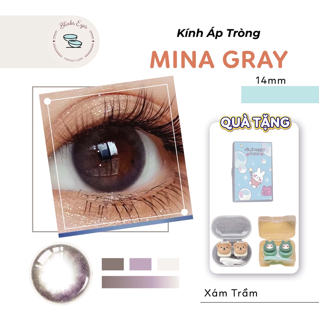 Kính Áp Tròng Lens Mắt BLINKSEYES 14mm Cao Cấp Màu Xám Trầm Mina Gray Cho Mắt Cận 0-8 Độ Dùng 6 Tháng