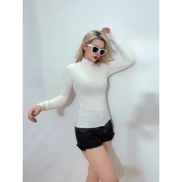 Áo cổ lọ tay dài xoăn lai thun bo gân, 2 màu