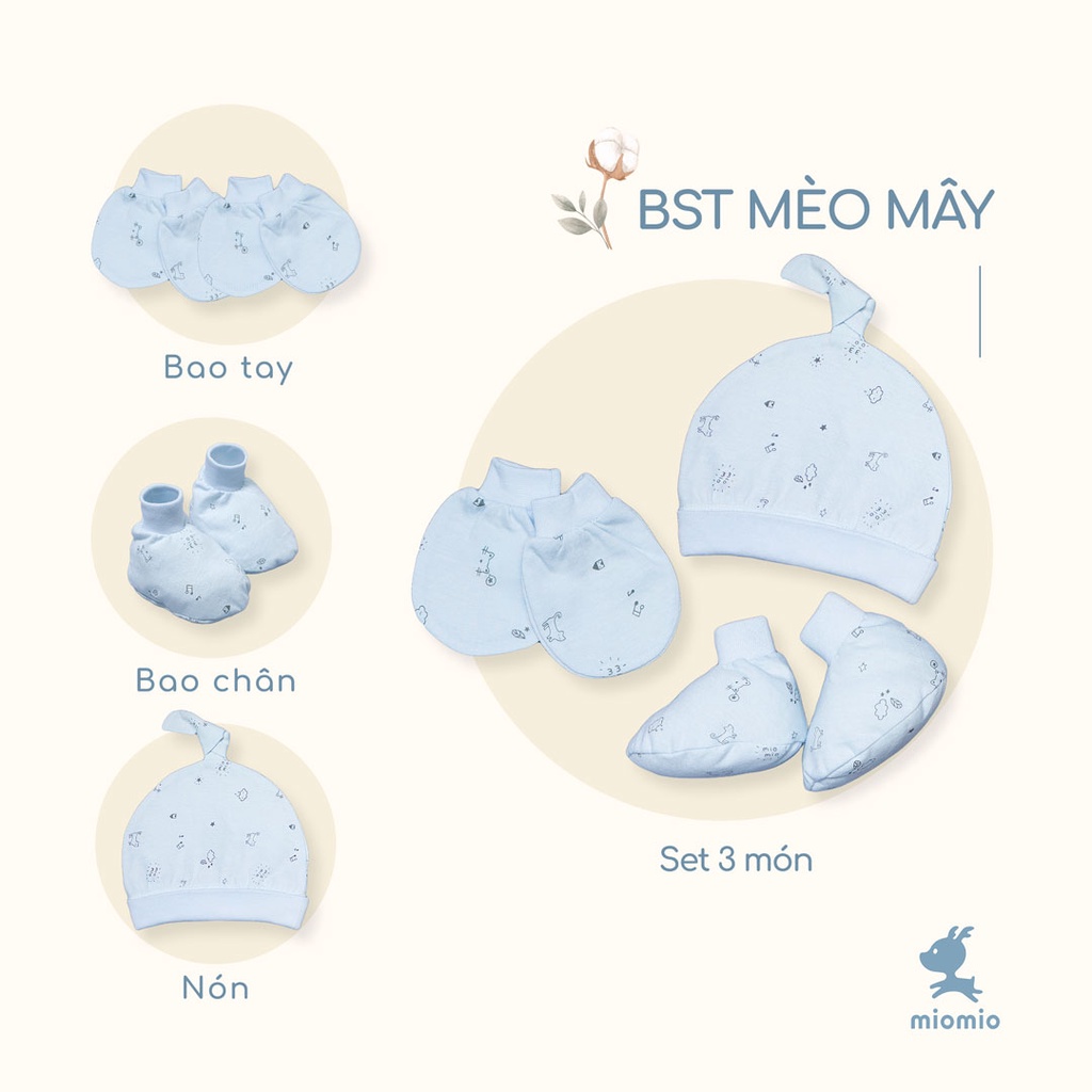 Bao Tay Bo, Chân Bo, Nón, Set 3 Món Sơ Sinh MIOMIO, Họa tiết: Thỏ, Sọc, Mèo, Mèo Mây, Xe Nôi cho Bé Trai Bé Gái