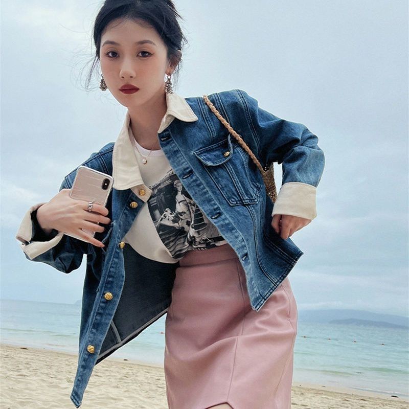 Áo Khoác Denim Tay Dài Dáng Rộng Màu Sắc Tương Phản Thời Trang Mùa Thu 2022