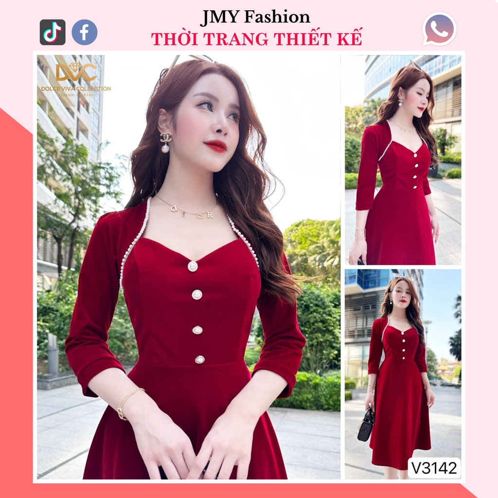váy nhung cổ tim tay lỡ dáng xoè sang chảnh - DVC&ACC