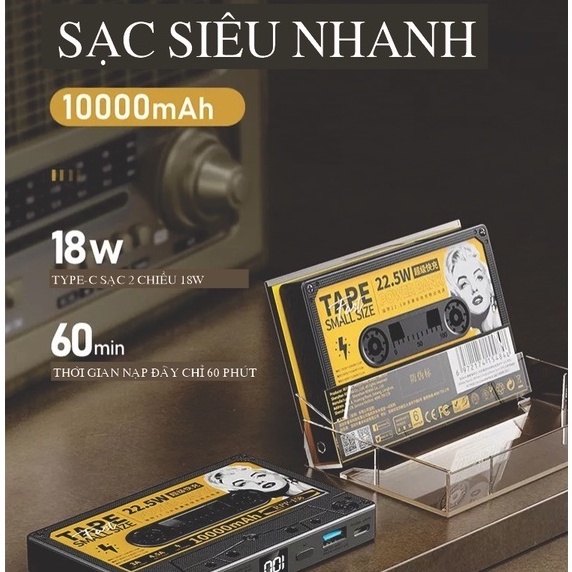 Sạc dự phòng băng casset chính hãng Remax 10000mAh 22.5W sạc nhanh- thiết kế cổ điển gợi nhớ nét xưa cũ