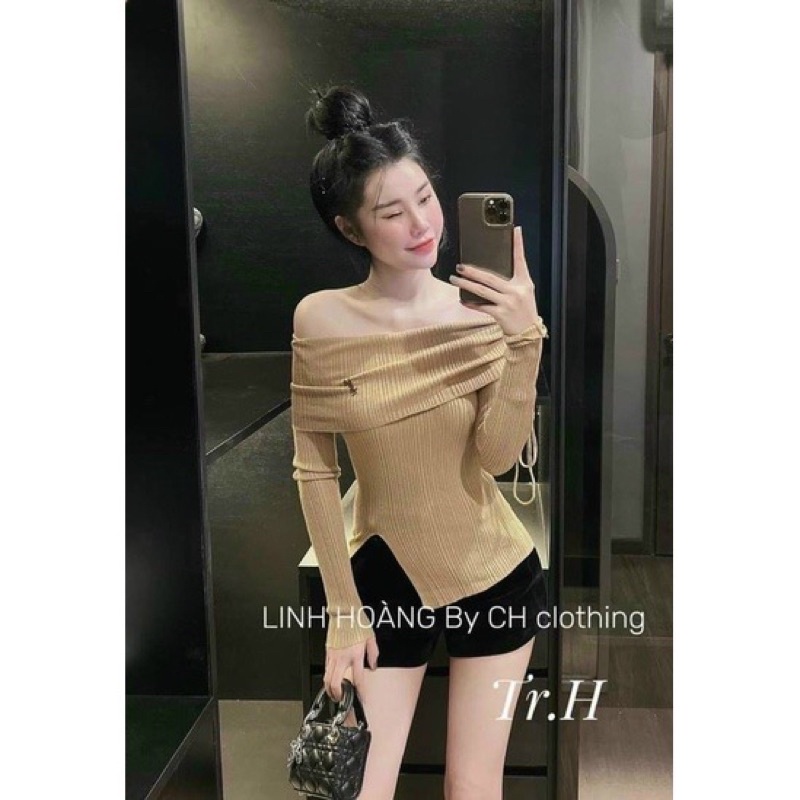 ÁO thun tăm trễ vai xẻ 1 bên kèm tag
