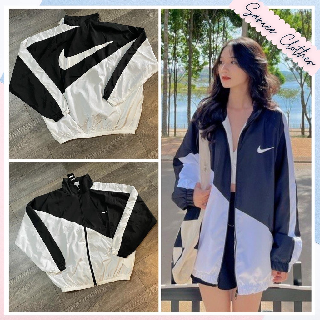 Áo khoác gió nike nam nữ thu đông vai trắng 2 lớp logo lưng in cao cấp VNXK CỰC HOT SanieeClothes