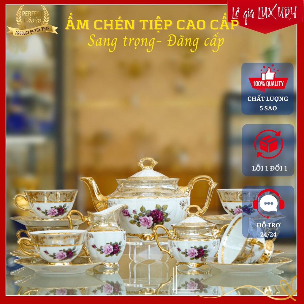 Ấm chén cao cấp vẽ vàng 24k TÂN CỔ ĐIỂN - Sang Trọng, Gốm Sứ Tiệp Khắc, Ấm chén cao cấp nhập khẩu ACT6