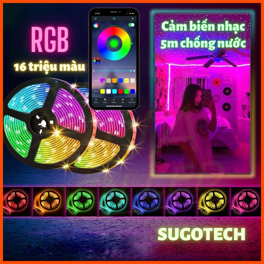 Đèn Led trang trí RGB 16 triệu màu, dây đèn led điều khiển bằng điện thoại, nháy theo nhạc, trang trí phòng decor
