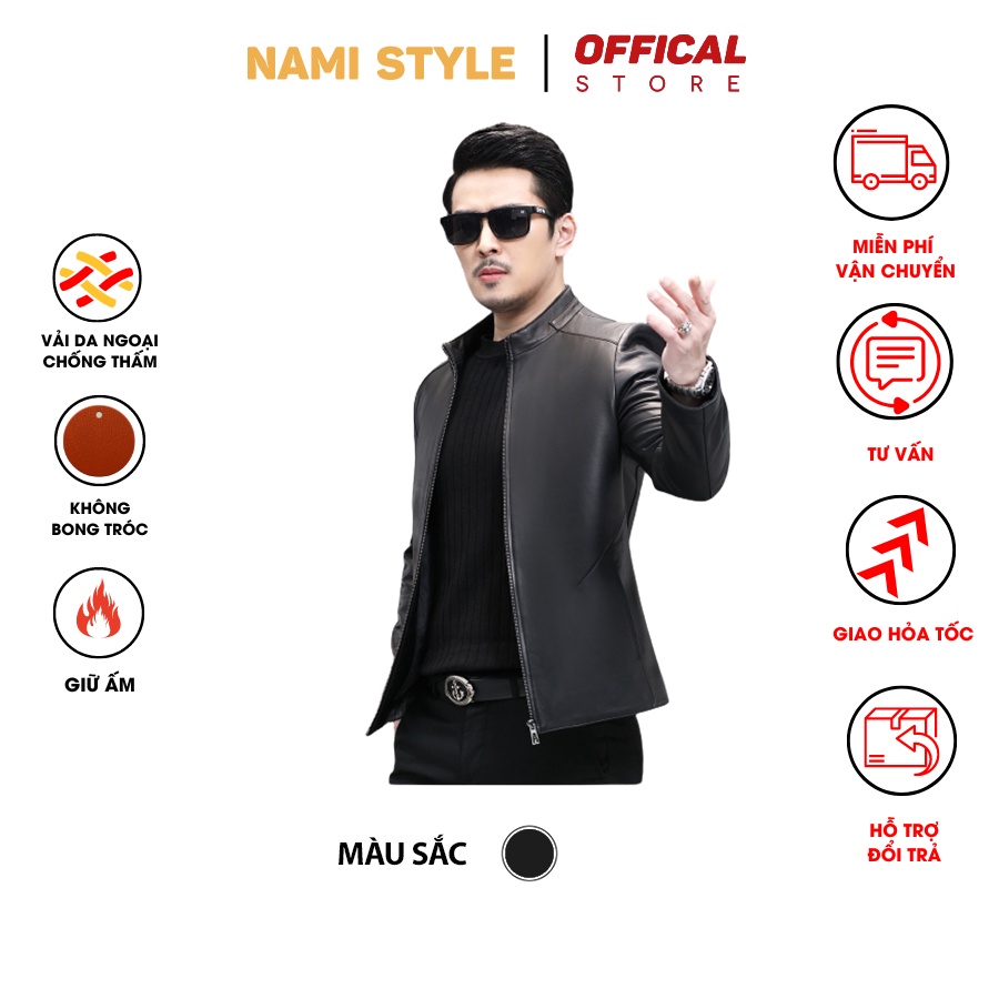 Áo khoác da nam lót lông cao cấp cổ trụ chuẩn phong cách cool ngầu-Da06