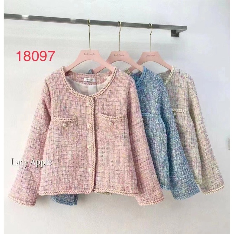 Áo khoác dạ tweed dáng ngắn viền phối có túi hai bên, áo dạ cầu vồng viền thừng